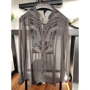 KAY Celine Charcoal Grey Sequin Beaded Sheer Blouse Top Q4527 Mens Size M